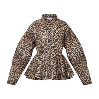 Ganni Leopard Peplum Shirt - Dames - Blouses - Bruin - L - Katoen - Overhemden