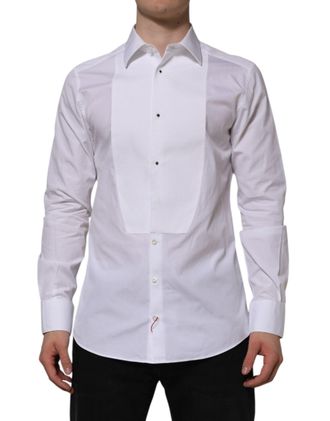 Dolce & Gabbana Mens White Bib Cotton Poplin Gold Formal Shirt