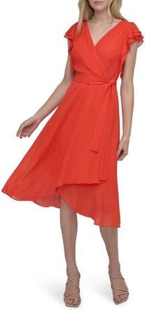 DKNY Ruffle Sleeve Faux Wrap Midi Dress in Fiesta at Nordstrom Rack, Size 12