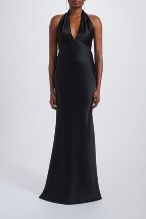 Amsale V-neck Fit-to-Flare Halter Gown in Black at Nordstrom, Size 12