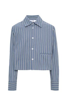 Midi Cropped Striped Button Front Box Pleat Blouse in Denim at Nordstrom, Size X-Small