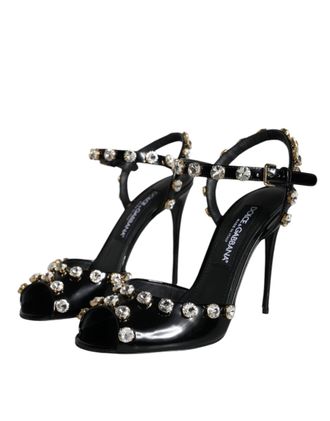 Dolce & Gabbana Womens Black Leather Crystal Ankle Strap Sandals Shoes