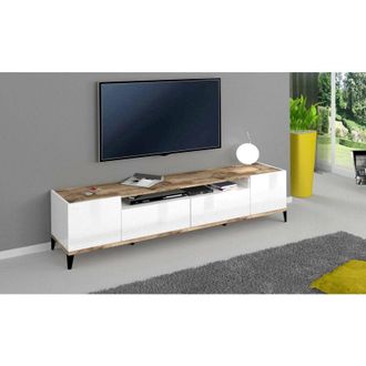 Dmora Dmora Mobile da soggiorno Porta TV, Made in Italy, Supporto per TV da salotto a 2 ante e 2 cassetti, Cm 200x40h47, Bianco lucido e Acero, con imballo