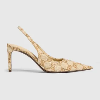 Gucci Womens Donna Crystal Slingback Pump, Beige, GG Canvas