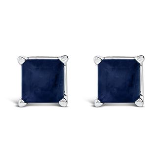 House of Brilliance 14K White Gold 5x5MM Princess Cut Blue Sapphire Solitaire Stud Earrings