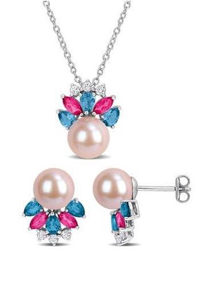 Delmar 8-8.5mm Cultured Freshwater Pearl & Gemstone Cluster Earrings & Necklace Set in Pink/Blue/Silver Multi at Nordstrom Rack