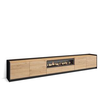 Skraut Home Mueble tv efecto madera roble negro 310x37x50cm chimenea efecto fuego