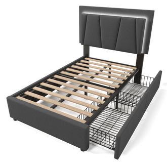STILVORA Cama Con Cajones 90 X 200 Cm, Cama Individual Con Led Regulable Y Cabecero Ajustable, Colch&oacute;n Incluido, Gris