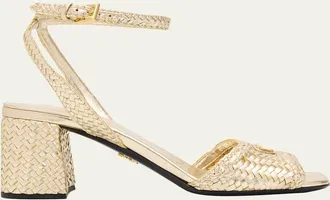 Prada 65mm Madras Woven Metallic Leather Ankle-Strap Sandals