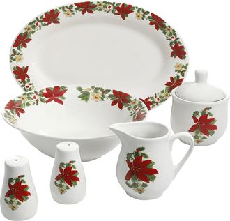 Gibson Home Perfect for Holidays Poinsettia 7 Piece Porcelain Serving Set in Red