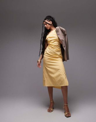 Mango fallen shoulder midi dress with ruched detail in butter yellow
