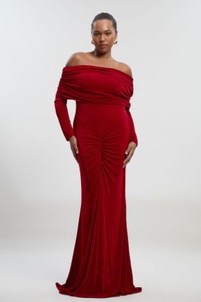 Karen Millen Womens Plus Size Drapey Crepe Off The Shoulder Ruched Detail Fishtail Maxi Dress - Red Elastane - Size 3XL
