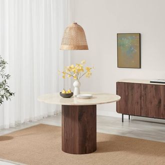 Furniturebox Penrose Round Walnut & Marble Effect Slatted 4-6 Seater Dining Table