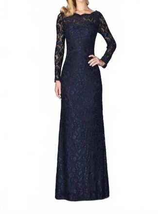 La Femme Long-Sleeved Scalloped Lace Evening Gown In Navy