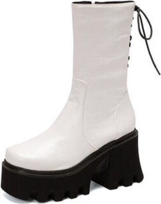 Generic Womens Square Toe Short Boots with Side Zipper Lace Up Combat Boots Chunky High Heel Platform Boot,White,6.5 UK