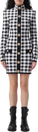 Balmain Elegante Gingham Mini Jurk met Gouden Knopen - Dames - Korte kleedjes - Wit - S - Kleedjes