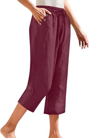 Generic Womens 2025 Summer Linen Wide Leg Cropped Pants Loose Slimming Trousers Solid Color Lounge Petite Short Leg Linen Pants Women High Waist Cropped Trous