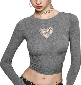 Generic Women Cute Long Sleeve Top Y2K Heart Cut Out Slim Fitted Crop Top Basic Ribbed Ruched Tee Shirt Vintage Streetwear, D-grey, M