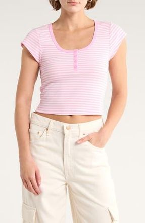 Abound Short Sleeve Crop Ribbed Henley in Pink- White Stripe at Nordstrom Rack, Size X-Large