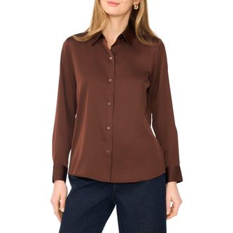 Vince Camuto Satin Long Sleeve Button-Up Shirt in Mocha at Nordstrom Rack, Size X-Small