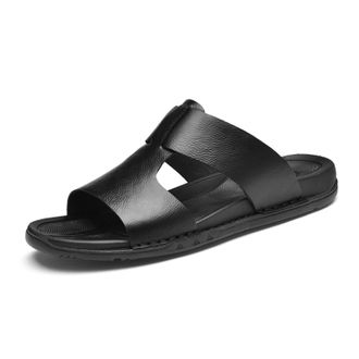 Generic Mens Open Toe Leather Slide Sandals Slip On Comfortable Lightweight Casual Beach Slides Summer Outdoor Sandals (Black,7.5)