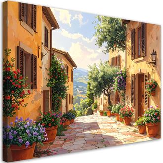 Feeby Cuadro En Lienzo, Calles Coloridas De La Toscana Con Casas Con Flores, 100x70
