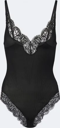Saint Laurent Lace-trimmed ribbed-knit silk bodysuit