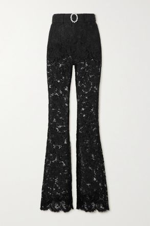 Alessandra Rich Pantaloni Svasati In Pizzo Di Misto Cotone Con Cristalli E Cintura - Nero