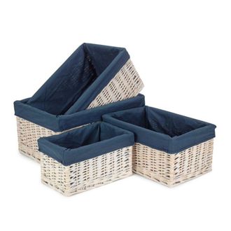Red Hamper Set of 4 White Wash Navy Lined Open Storage Baskets in Blue