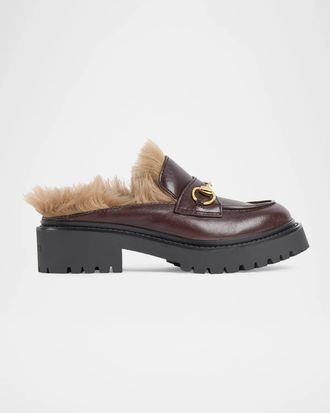 Gucci Rhodi Leather & Shearling Horsebit Mules
