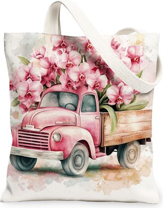 Generic Spring Orchid Truck Flower Canvas Tote Bag for Shopping 13x15, Farmhouse Floral Scenic Reusable Grocery Print Pattern Bag for Women, Garden Beach Aest