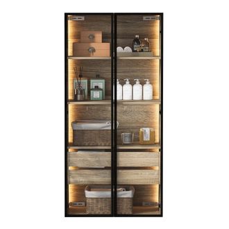 STILVORA Armario De Bano Con 2 Puertas, 2 Cajones, Estantes Abiertos Y Led, En Mdf, Natural, Para Bano Y Salon