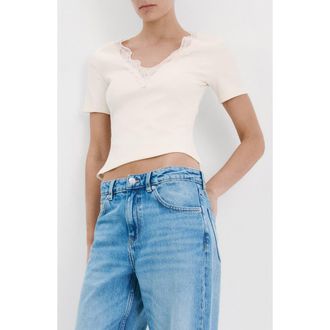 Mango Lace Trim Rib Knit Crop Top in Ecru at Nordstrom, Size Medium