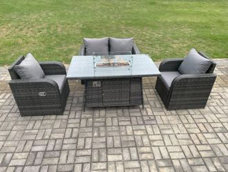 Fimous Rattan Outdoor Garden Furniture Sofa Set Gas Fire Pit Dining Table Gas Heater with Love Sofa 2 Recling Chair Dark Grey Mixed
