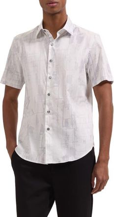 Bugatchi Orson Shaped Fit Short Sleeve Stretch Cotton Button-Up Shirt in Platinum at Nordstrom, Size Xxx-Large