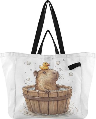 Generic Yellow Duck Capybara pattern Reusable Canvas Tote Bag, Heavy Duty Grocery Shopping Bag with Double Handles Hard Bottom Large Capacity Work Groceries T