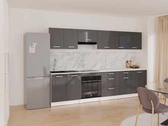 Vente-Unique Complete Kitchen - With 300 Cm Worktop - Gloss Grey & White
