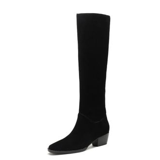 Generic Womens Knee-High Boots In Suede-Like Material Pointed Closed Toe Low Chunky Block Heels Stretch Fabric Slip On Design Soft Lining Durable Outsole,Blac