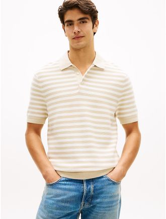Tommy Hilfiger Mens Short-Sleeve Stripe Waffled Sweater Polo - Beige - XXL