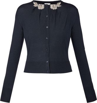 Erdem draped-detail cardigan - women - Wool/Copper/glass/Brass - S - Blue