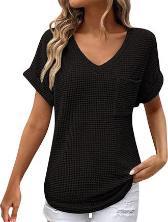 Generic Waffle Knit Tops for Women V Neck Short Sleeve Basic Solid Tee Shirts Casual Loose Fit Blouses(Black, XL)