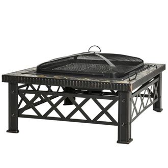 OUTSUNNY Square Garden Fire Pit Square Table w/ Grill Shelf Poker Mesh Cover Grate 76cm | TJ Hughes