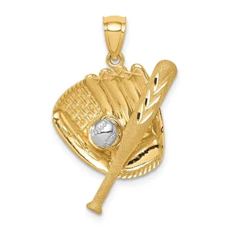 Diamond2Deal 14k Yellow Gold and White Rhodium Diamond-cut Baseball Bat/Glove/Ball Pendant