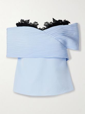 Kika Vargas Top A Spalle Scoperte In Cr&ecirc;pe De Chine Pliss&eacute; Con Finiture In Pizzo Guipure Penelope - Blu