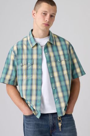 Levi's Short Sleeve Boxy Western Lightweight Shirt - Men - XL - Blue / Harryson Shadow Plaid Mineral Blue