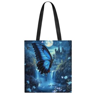 Generic Blue Butterfly Castle Moon Womens Tote Casual Shopping Bag Lightweight Shoulder Bags Hobos Handbag for Work Travel Daily 35x40cm