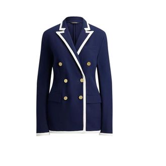 Ralph Lauren Two-Tone Double-Breasted Piqu&eacute; Blazer - female - Ralph Lauren - Blazers - Blue - 2XL - Jackets