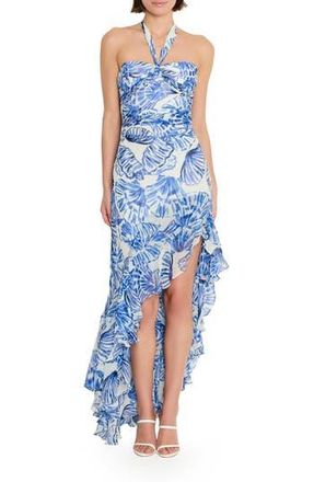 Amanda Uprichard Marabou Ruffle Halter High-Low Cocktail Dress in Blue Shell Print at Nordstrom Rack, Size Large