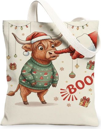 Generic Christmas Cow Canvas Tote Bags, Cute Animal Design Reusable Grocery Bags, Vintage Lightweight Washable Shoulder Strap, Beige, 13x15 Inch