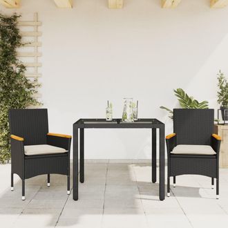 vidaXL Set Comedor Jard&iacute;n 3 Pzas Cojines Rat&aacute;n Sint&eacute;tico Vidrio Negro Vidaxl
